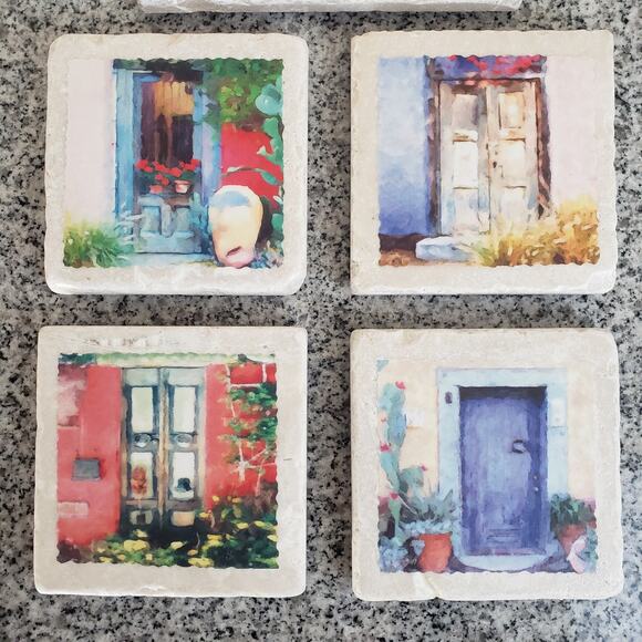 Artisan Coasters & Trivet Set. Natural Stone Tumbled Marble. Pueblo De Colores - Picture 2 of 13